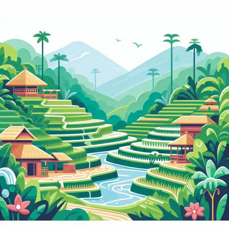 Rice terraces in Asia. Vector illustration of a rice field.のイラスト素材