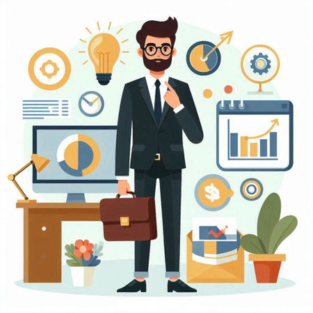 Businessman in office. Vector illustration in flat cartoon style. Business concept.のイラスト素材