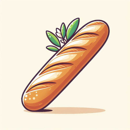 French baguette with leaves. Vector illustration in cartoon style.のイラスト素材