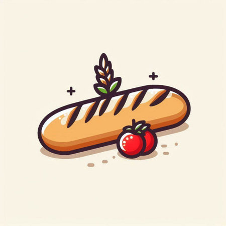 French bread icon. Vector illustration of a loaf of bread with tomato.のイラスト素材