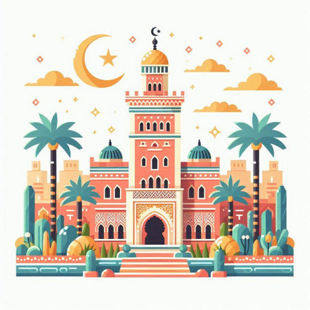 Vector illustration of Ramadan Kareem islamic greeting card with mosque in flat style.のイラスト素材
