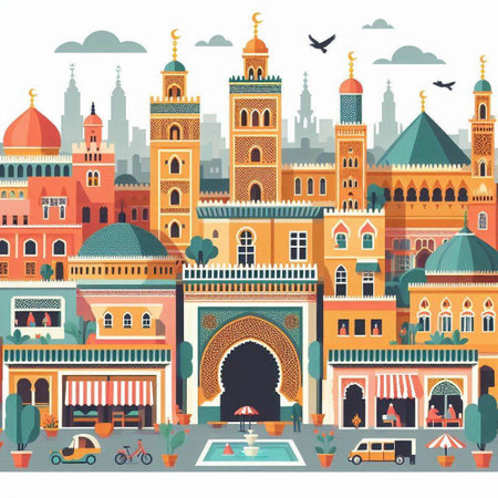 Arabic city with mosque, shops and restaurants. Vector illustration.のイラスト素材