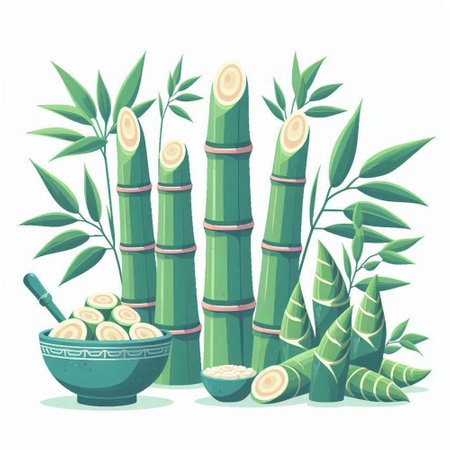 Green bamboo stems with leaves, bowl and mortar. Vector illustration.のイラスト素材