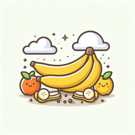 Banana fruit with apple and carrot. Vector flat cartoon illustration.のイラスト素材