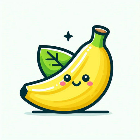 Cute happy banana character with green leaves. Vector flat cartoon illustrationのイラスト素材