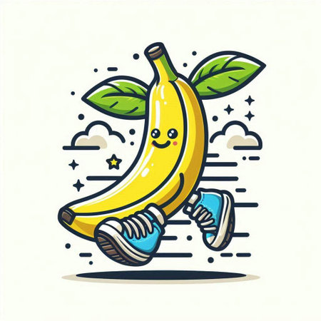 Funny banana character running in the sky. Vector cartoon illustration.のイラスト素材