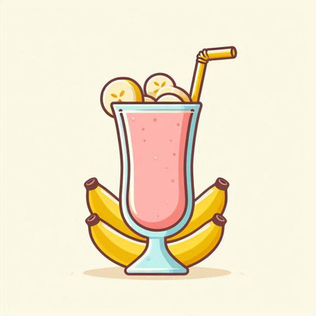 Banana milkshake with whipped cream and fruits. Vector illustration.のイラスト素材