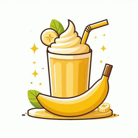 Banana smoothie with whipped cream in a glass. Vector illustration.のイラスト素材