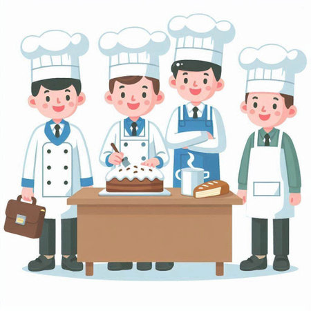 Chef and his staff in a restaurant. Cartoon vector illustration.のイラスト素材