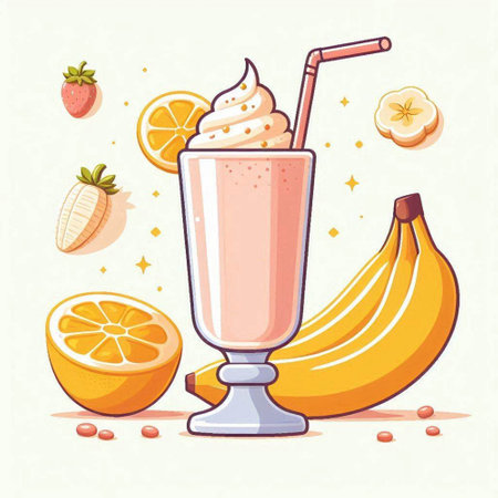 Banana milkshake with whipped cream and fresh fruits. Vector illustration.のイラスト素材