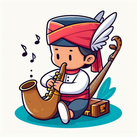 Illustration of a Little Boy Playing the Trumpet and Saxophoneのイラスト素材