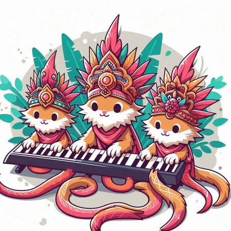 Illustration of three cute monkeys playing the accordion on a white backgroundのイラスト素材