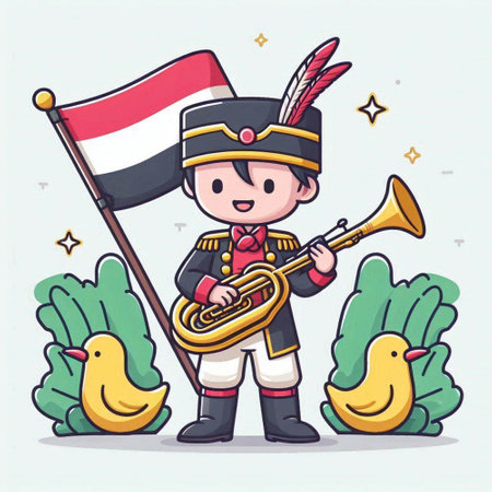 Cute boy playing trumpet and holding flag of Indonesia. Vector illustration.のイラスト素材