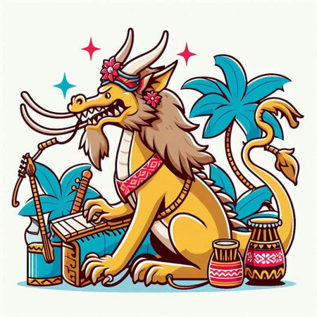 Tribal lion playing the accordion and drum. Vector illustration.のイラスト素材