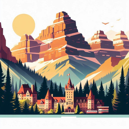 Beautiful landscape with mountains, forest and castle. Vector illustration.のイラスト素材