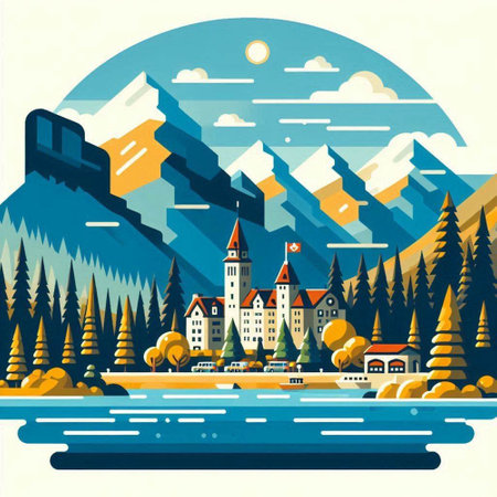 Landscape with mountains, lake, forest and castle. Vector illustrationのイラスト素材