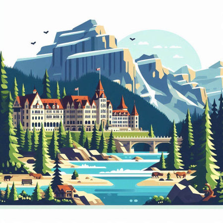 Landscape with mountains, river, forest and buildings. Vector illustrationのイラスト素材