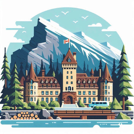Vector illustration of the old town in the mountains on a sunny dayのイラスト素材