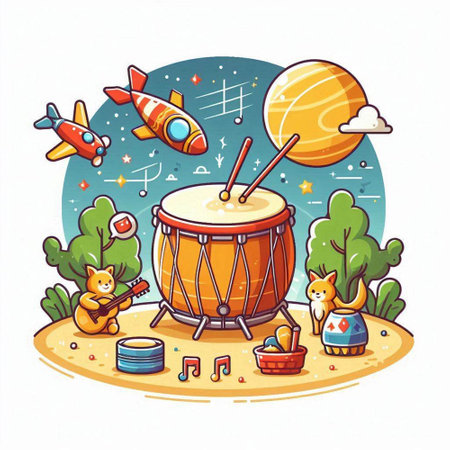 Cartoon illustration of kids playing musical instruments on the beach. Vector illustration.のイラスト素材