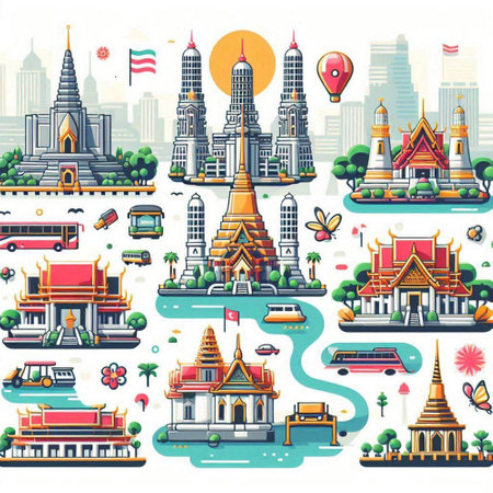 Thailand travel vector seamless pattern with famous landmarks and attractions in flat styleのイラスト素材