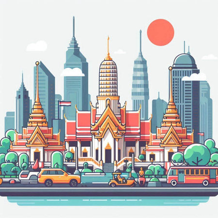 Bangkok cityscape with famous landmarks. Vector illustration in flat styleのイラスト素材