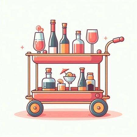 Wine cart full of bottles and glasses. Vector flat illustration.のイラスト素材