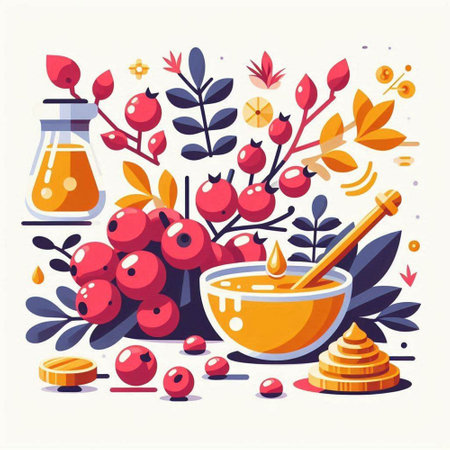 Honey in bowl, honey dipper and berries. Vector illustrationのイラスト素材