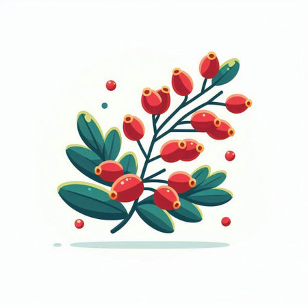 Vector illustration of rosehip branch with berries and leaves isolated on white background.のイラスト素材