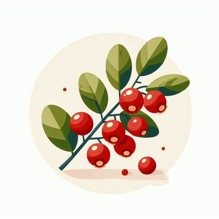Cranberry branch with ripe berries and green leaves. Vector illustration.のイラスト素材