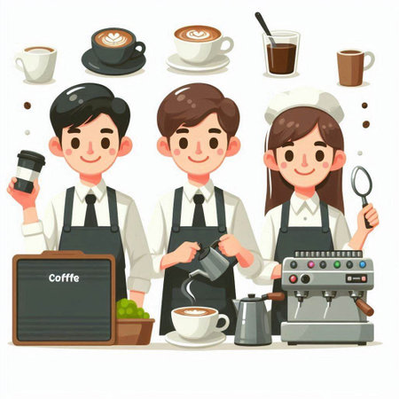 Coffee shop staff set. Cute cartoon vector illustration.のイラスト素材