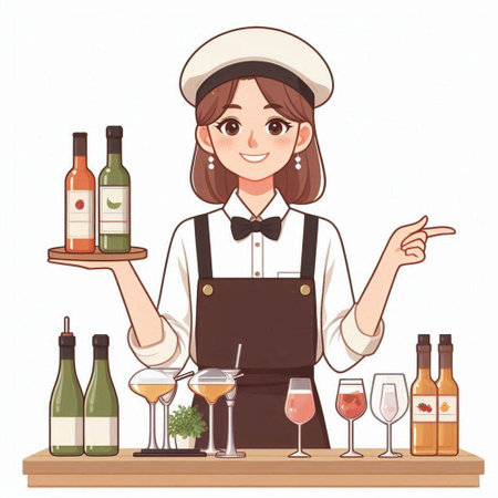 Vector illustration of a female bartender holding a tray with bottles of wineのイラスト素材