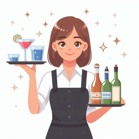 Waitress holding tray with alcohol drinks. Vector illustration in cartoon styleのイラスト素材