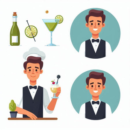 Cocktail barman character set. Vector illustration in flat styleのイラスト素材