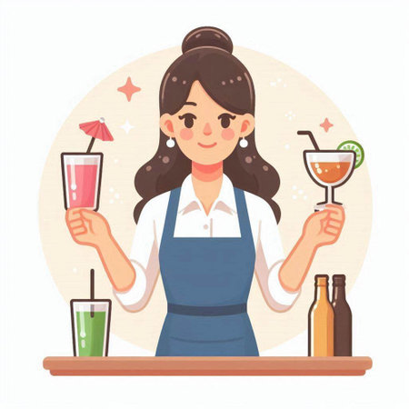 Bartender girl holding a glass of cocktail. Flat vector illustration.のイラスト素材