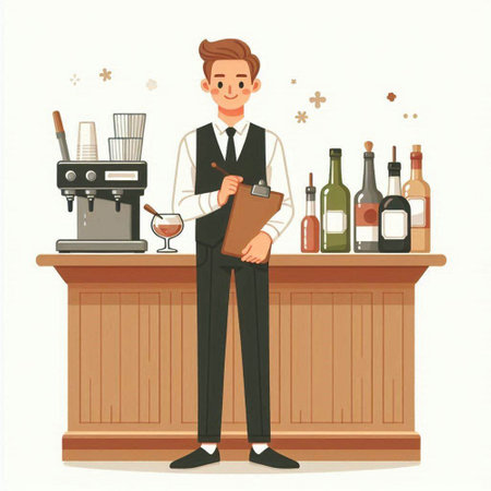 Barman with apron standing at the counter. Vector illustration.のイラスト素材