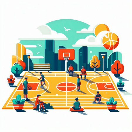 Basketball court in the city. Vector illustration in cartoon style.のイラスト素材