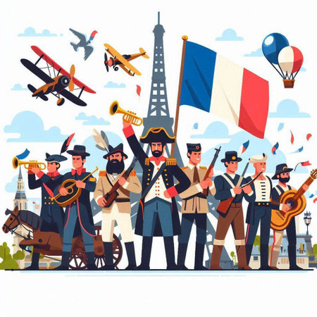 French people with flags and musical instruments in Paris. Vector cartoon illustrationのイラスト素材