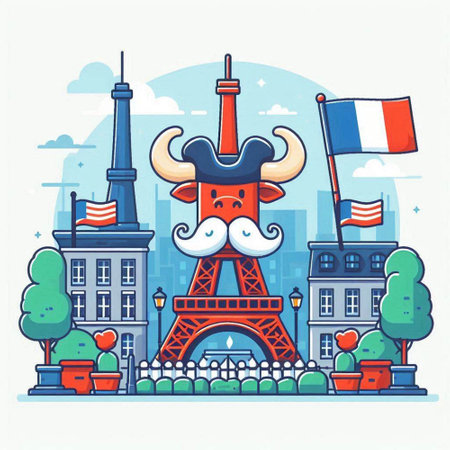 Eiffel tower with flag of France. Vector illustration in flat styleのイラスト素材