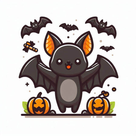 Cute cartoon bat with pumpkins and bats. Vector illustration.のイラスト素材