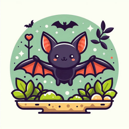 Cute cartoon bat in the forest. Vector illustration. Halloween character.のイラスト素材
