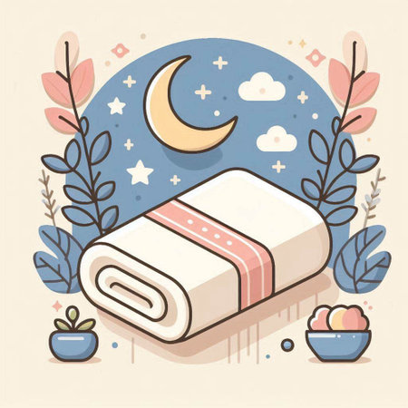 Vector illustration of a rolled towel on the background of the night sky and the moon.のイラスト素材