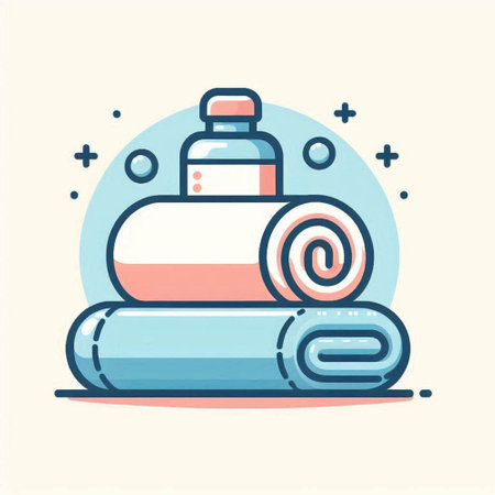 Towels and shampoo bottle. Vector illustration in linear style.のイラスト素材