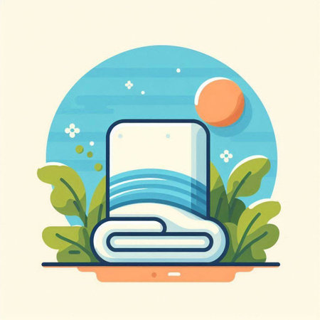 Towel and sun on the beach. Vector illustration in flat styleのイラスト素材