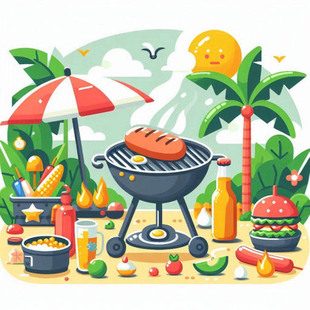 Barbeque on the beach. Vector illustration in flat style.のイラスト素材