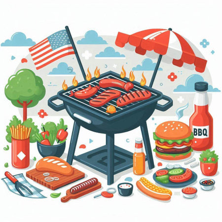 Barbecue grill with food and drinks. Vector illustration in cartoon styleのイラスト素材