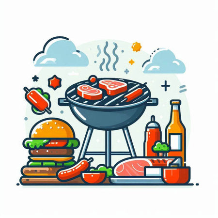 Barbecue party vector illustration. BBQ grill with meat and vegetables.のイラスト素材