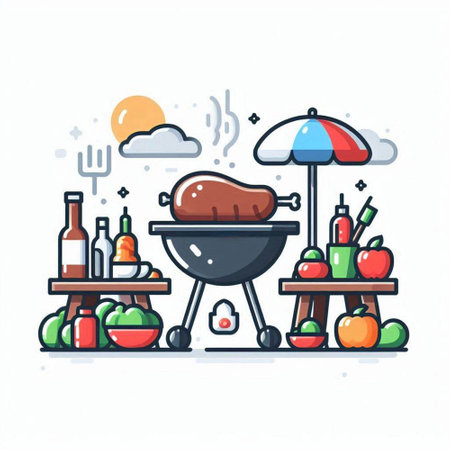 BBQ grill with food and drinks. Vector illustration in line art style.のイラスト素材
