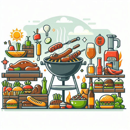 Barbecue party vector illustration. BBQ party with food and drinks in flat styleのイラスト素材
