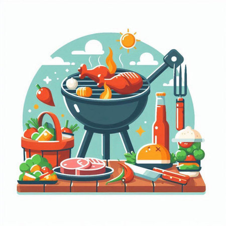BBQ party vector illustration in flat style. Barbecue grill with meat and vegetables.のイラスト素材