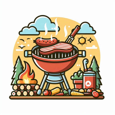 Barbecue grill with sausages and vegetables. Vector illustration.のイラスト素材